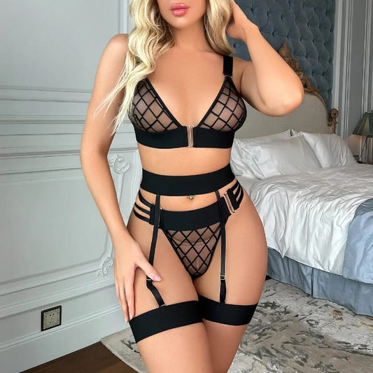Black Mesh Lingerie Set - 3 Piece