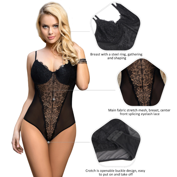 Ohyeah Women Transparent Black Mesh Lace Sheer Bodysuit Big Size Shirt Chiffon normal Size Sexy Teddy Lingerie