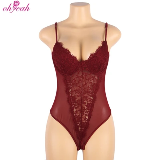 Ohyeah Women Transparent Black Mesh Lace Sheer Bodysuit Big Size Shirt Chiffon normal Size Sexy Teddy Lingerie