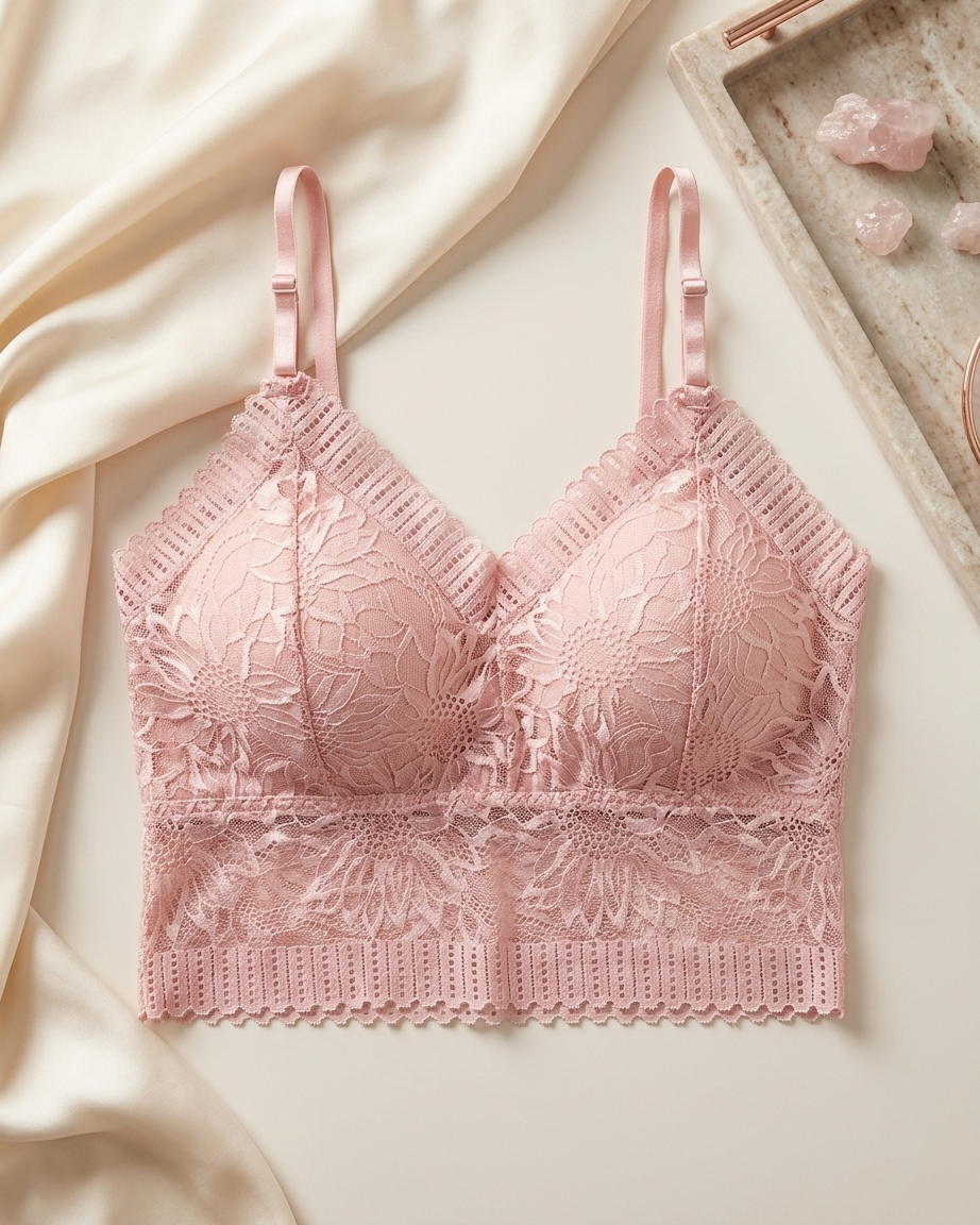 A light pink lace bralette with underwire cups and thin adjustable shoulder straps, styled flat on a cream satin fabric next to a decorative tray with pink crystals.