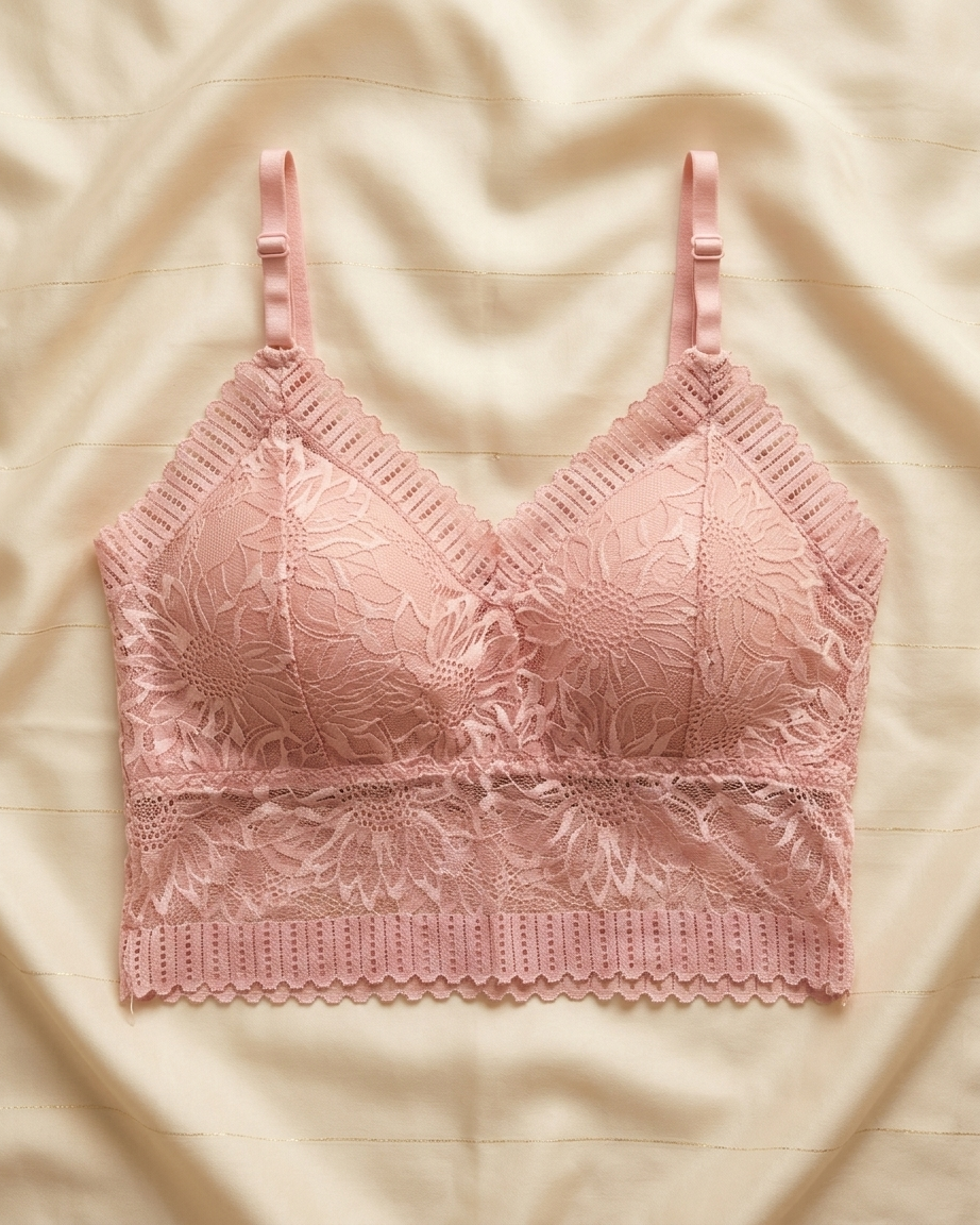 A light pink floral lace bralette with thin adjustable straps, laid flat on a beige satin fabric background.