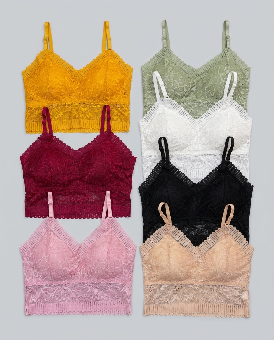Six lace underwire bras in different colors are arranged in a 2x3 grid on a light gray background. The colors include mustard yellow, sage green, white, burgundy, black, and light pink, with beige on the right side.