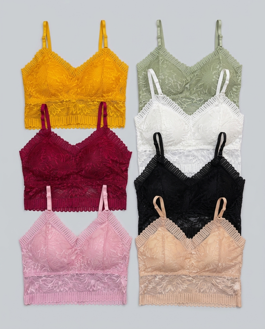 Six lace underwire bras in different colors are arranged in a 2x3 grid on a light gray background. The colors include mustard yellow, sage green, white, burgundy, black, and light pink, with beige on the right side.
