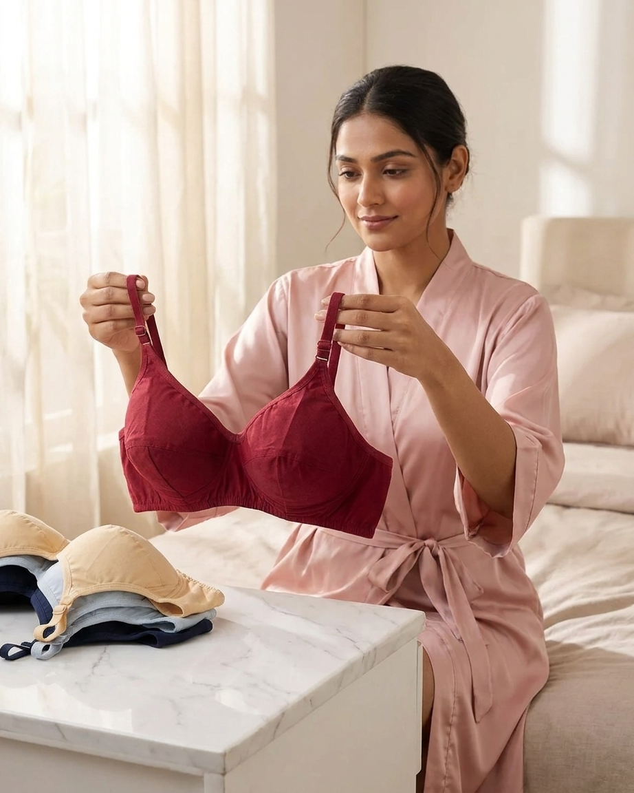 A woman in a pink robe sits on a sofa holding a burgundy underwire bra. A stack of bras in beige and blue is visible on a marble table in the foreground.