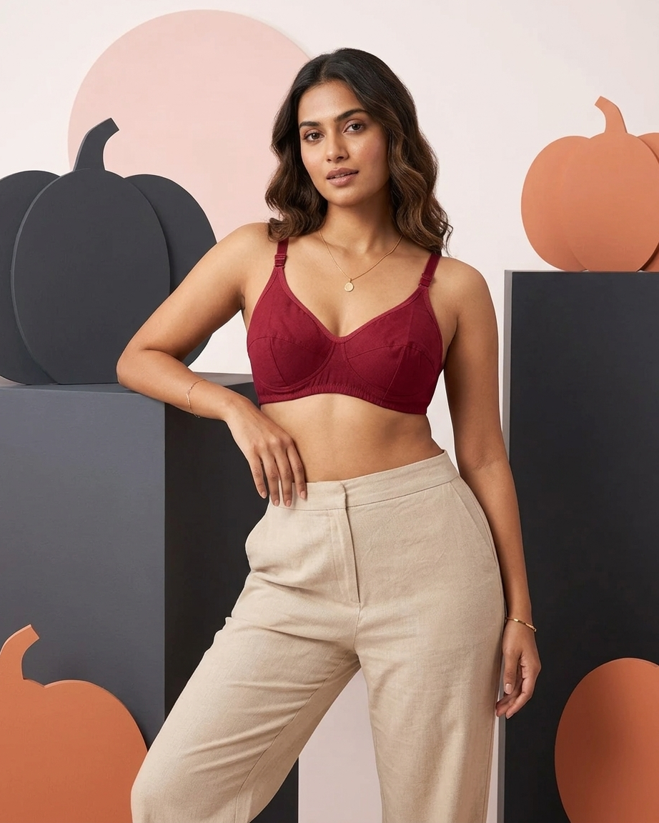 A woman models a deep burgundy underwire bra paired with beige trousers, standing in front of a styled background with black and orange pumpkin shapes.
