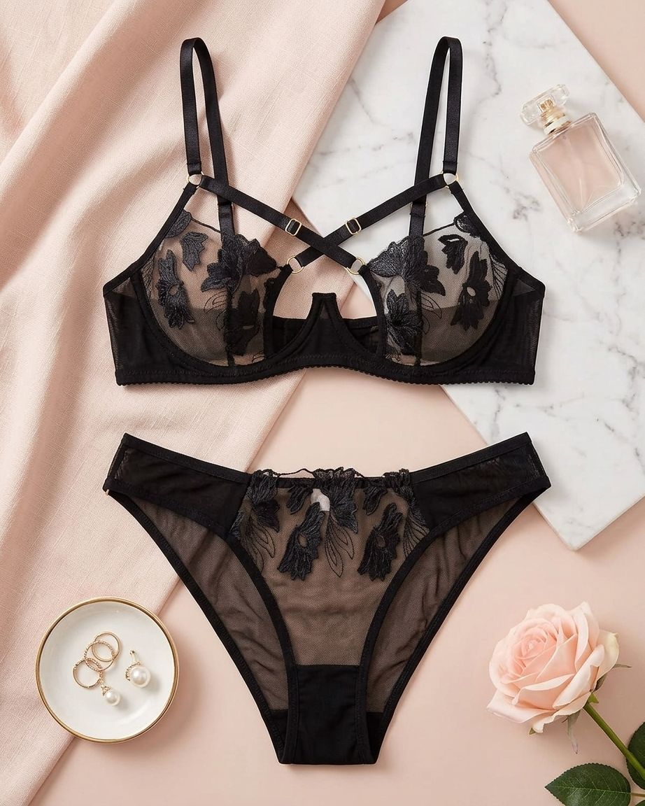 Net style women's bra and matching panty set