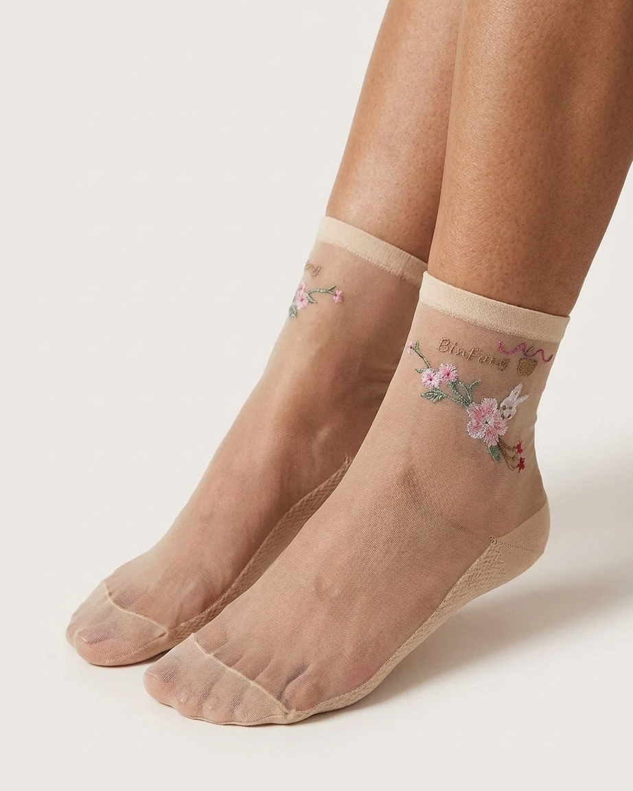 Women's sheer nylon ankle socks with floral embroidery, 2 pair pack 2