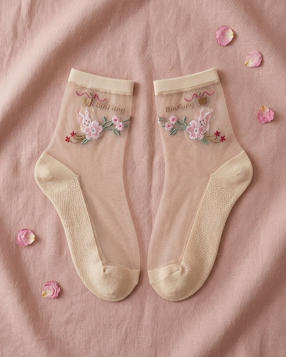 Women's sheer nylon ankle socks with floral embroidery, 2 pair pack 3