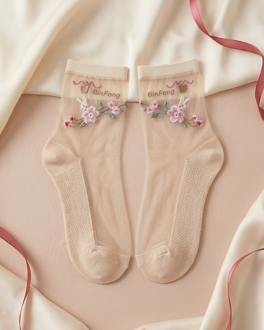 Women's sheer nylon ankle socks with floral embroidery, 2 pair pack 4