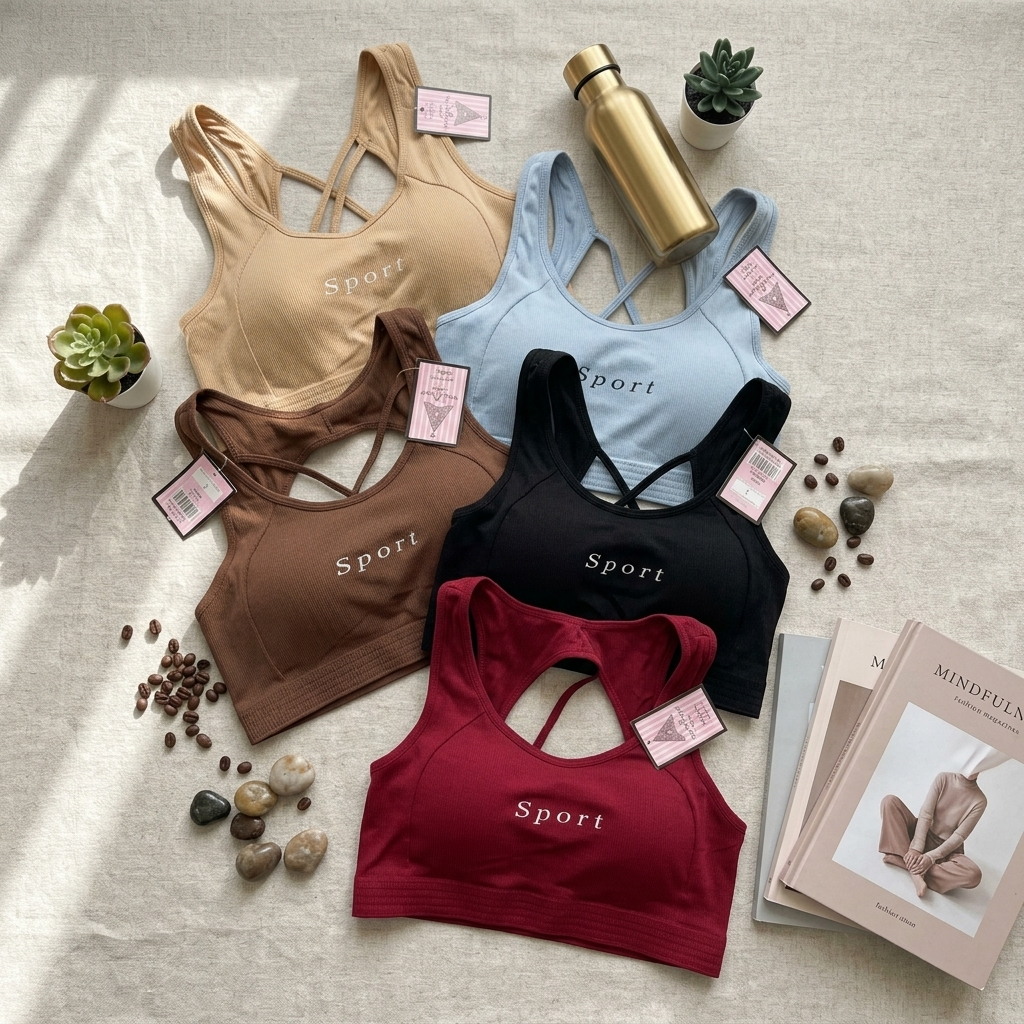 Four women's sports bra cups in beige, light blue, brown, black, and burgundy, arranged in a flat lay on a textured cream fabric with decorative props including a gold water bottle, small potted succulents, coffee beans, and a magazine.