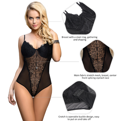 Ohyeah Women Transparent Black Mesh Lace Sheer Bodysuit Big Size Shirt Chiffon normal Size Sexy Teddy Lingerie