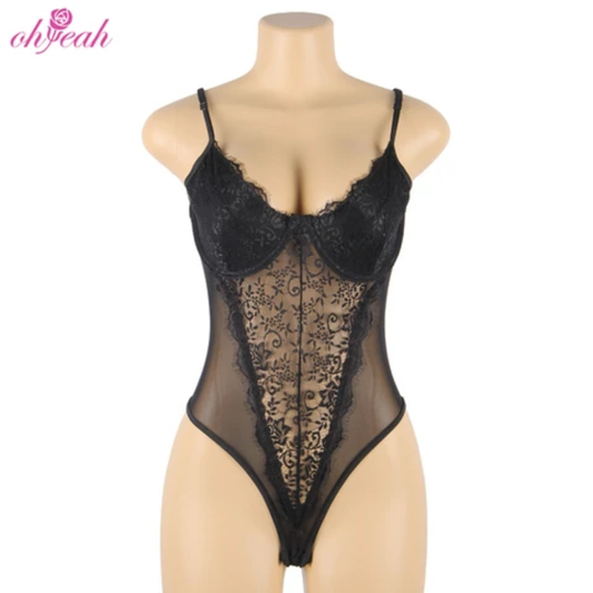 Ohyeah Women Transparent Black Mesh Lace Sheer Bodysuit Big Size Shirt Chiffon normal Size Sexy Teddy Lingerie