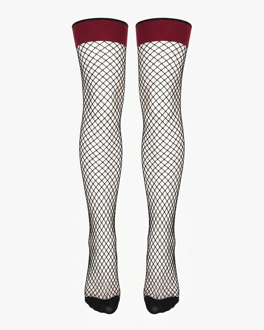 A pair of black fishnet thigh-high socks with a contrasting burgundy top band and black toes, displayed against a plain light gray background.