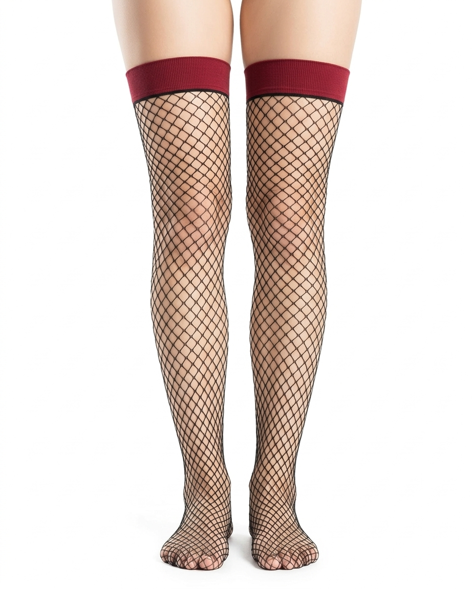 Black fishnet thigh-high stockings with a wide red top band, shown on a model's legs against a plain white background.